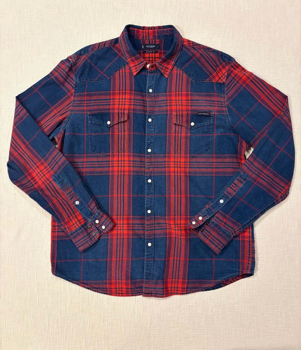 Lucky Brand Mens L Western Plaid Pearl Snap Red Navy Classic Fit Shirt